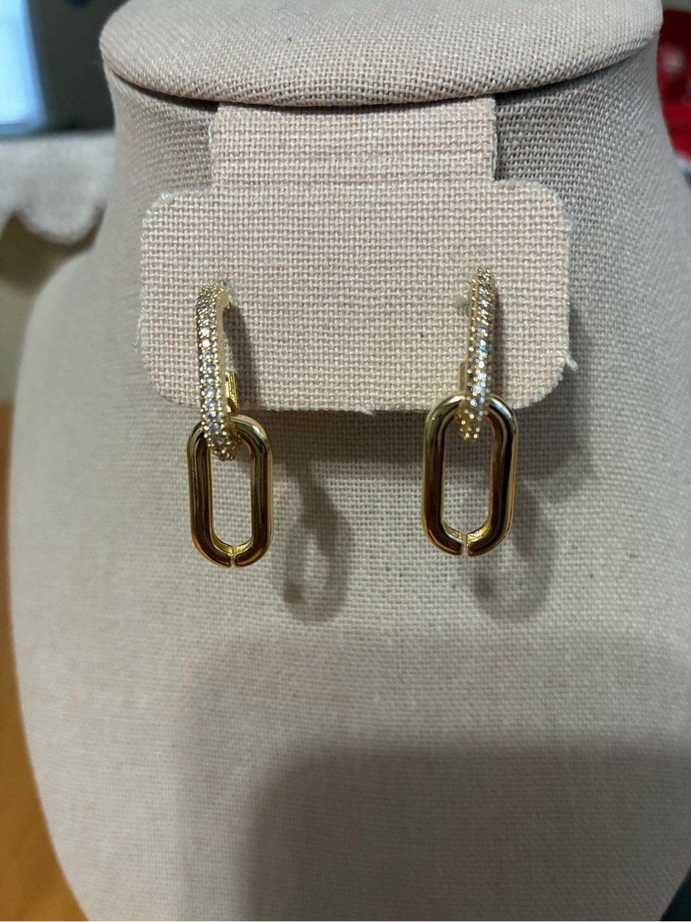 Gold Link Drop Earrings with Crystal Pavé Huggies